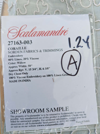 1.2y x 50"  Scalamandre Coraille Willow Light Green Embroidery Linen Abstract MSRP USD314/y 24-Ev49