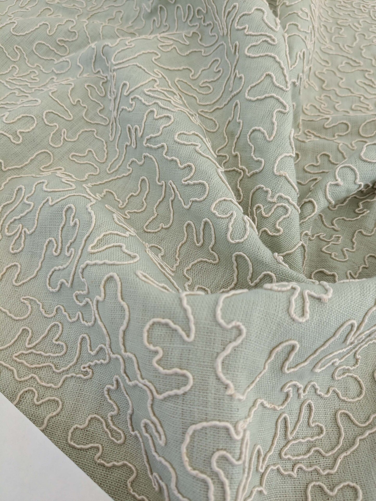 1.2y x 50"  Scalamandre Coraille Willow Light Green Embroidery Linen Abstract MSRP USD314/y 24-Ev49