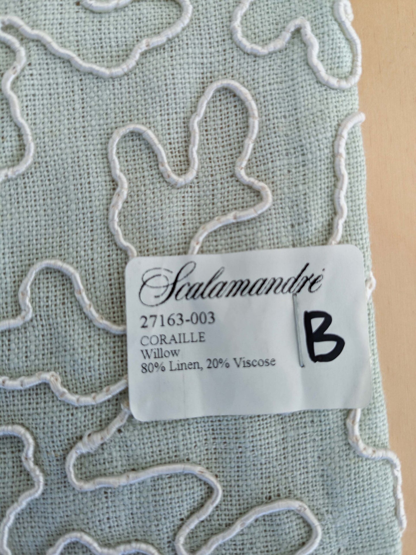 1.2y x 50"w Scalamandre Coraille Willow Light Green Embroidery Linen Abstract MSRP USD314/y  Piece B 25-Ev49