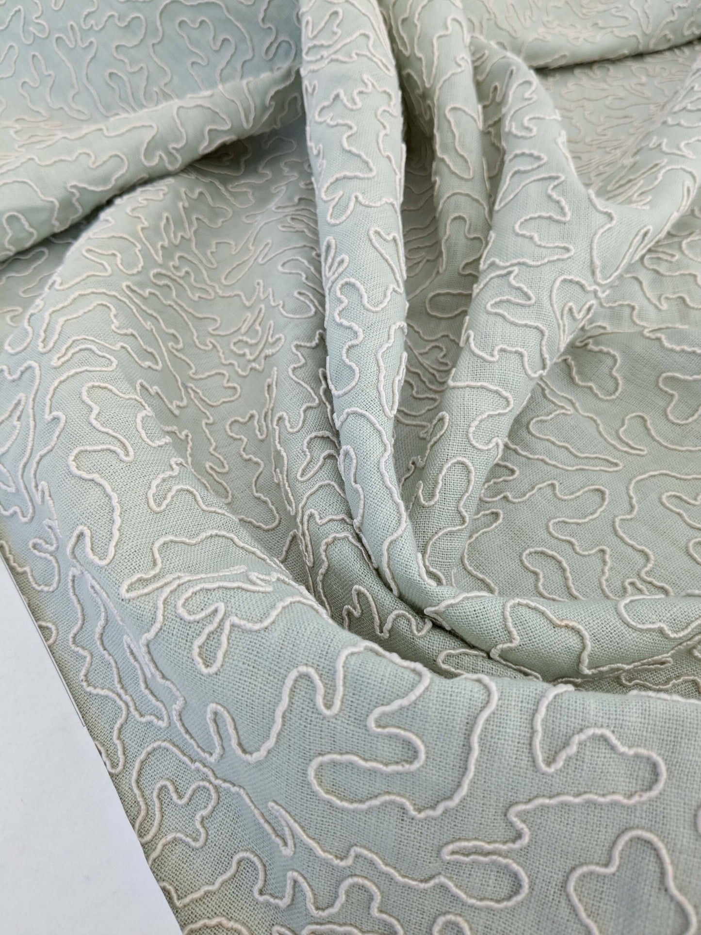 1.2y x 50"w Scalamandre Coraille Willow Light Green Embroidery Linen Abstract MSRP USD314/y  Piece B 25-Ev49