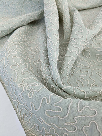 1.2y x 50"w Scalamandre Coraille Willow Light Green Embroidery Linen Abstract MSRP USD314/y  Piece B 25-Ev49