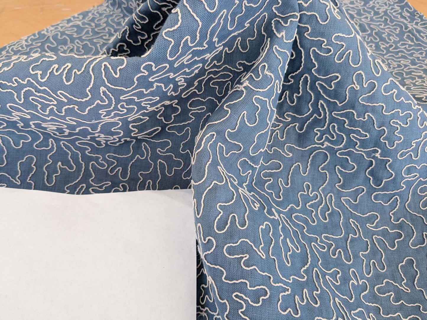 1.2y x 50"w Scalamandre Coraille Copenhagen Blue Embroidery Linen Abstract MSRP USD314/y  Piece A 26-Ev49