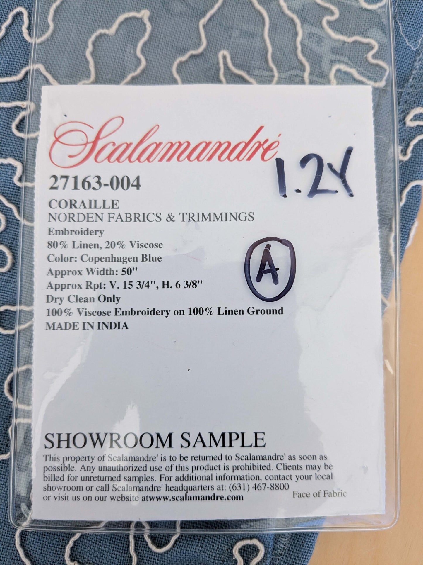 1.2y x 50"w Scalamandre Coraille Copenhagen Blue Embroidery Linen Abstract MSRP USD314/y  Piece A 26-Ev49