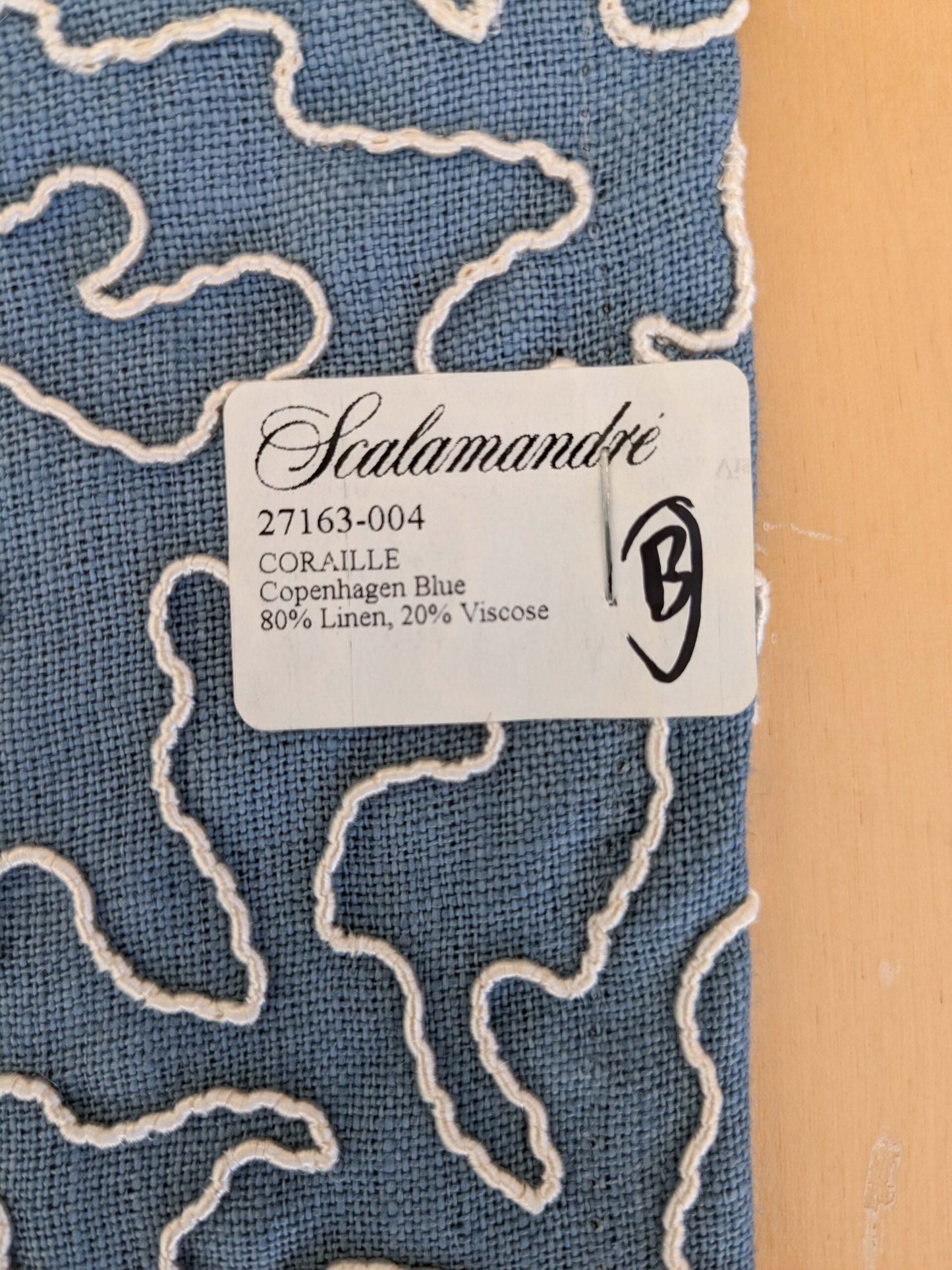 1.2y x 50"w Scalamandre Coraille Copenhagen Blue Embroidery Linen Abstract MSRP USD314/y  Piece B 27-Ev49