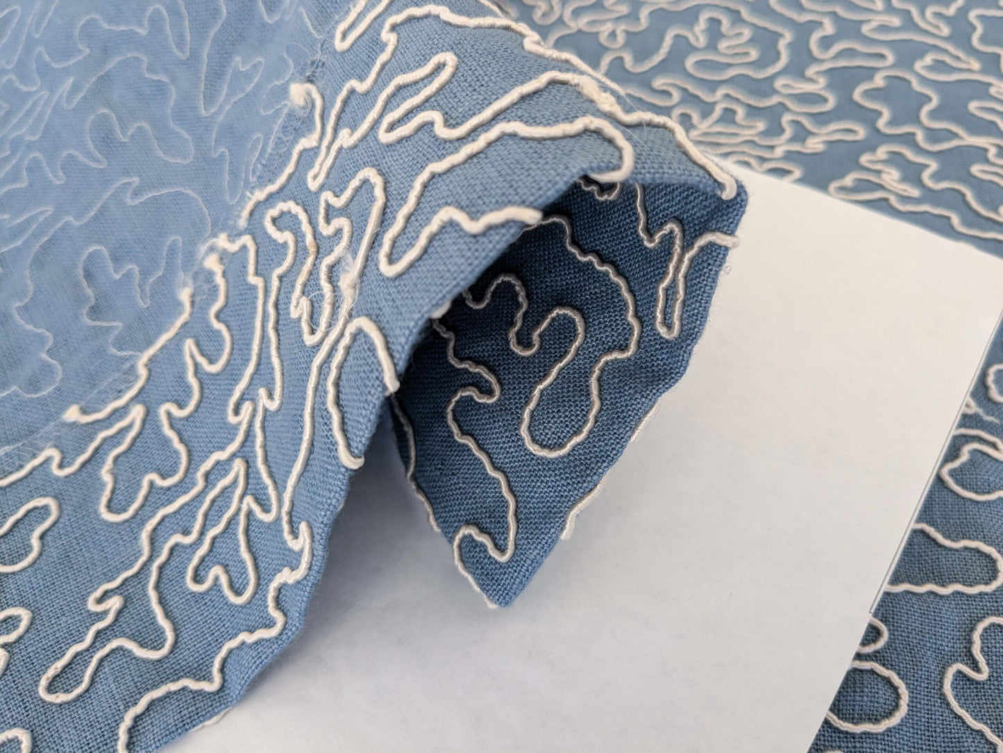 1.2y x 50"w Scalamandre Coraille Copenhagen Blue Embroidery Linen Abstract MSRP USD314/y  Piece B 27-Ev49