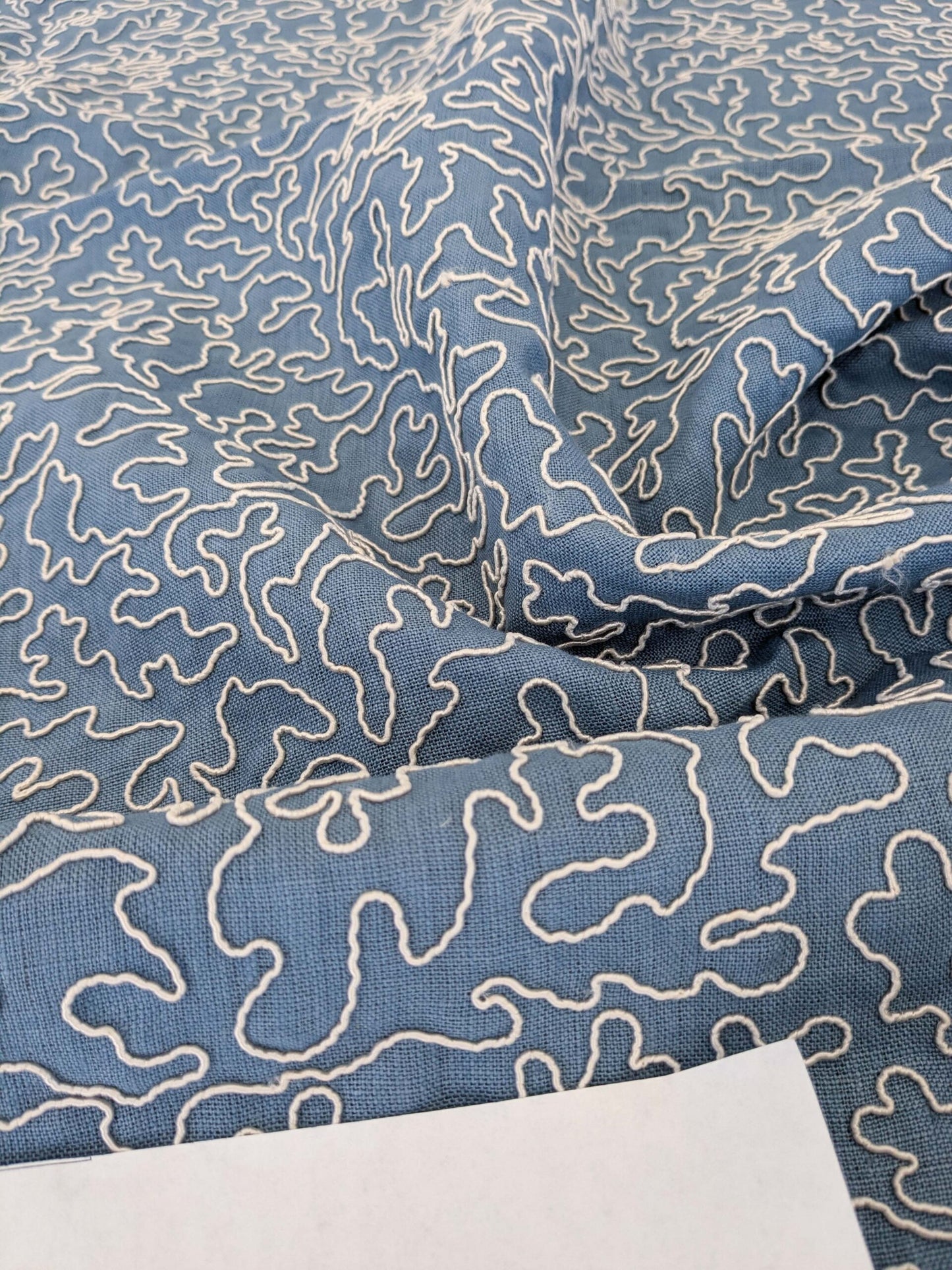 1.2y x 50"w Scalamandre Coraille Copenhagen Blue Embroidery Linen Abstract MSRP USD314/y  Piece B 27-Ev49