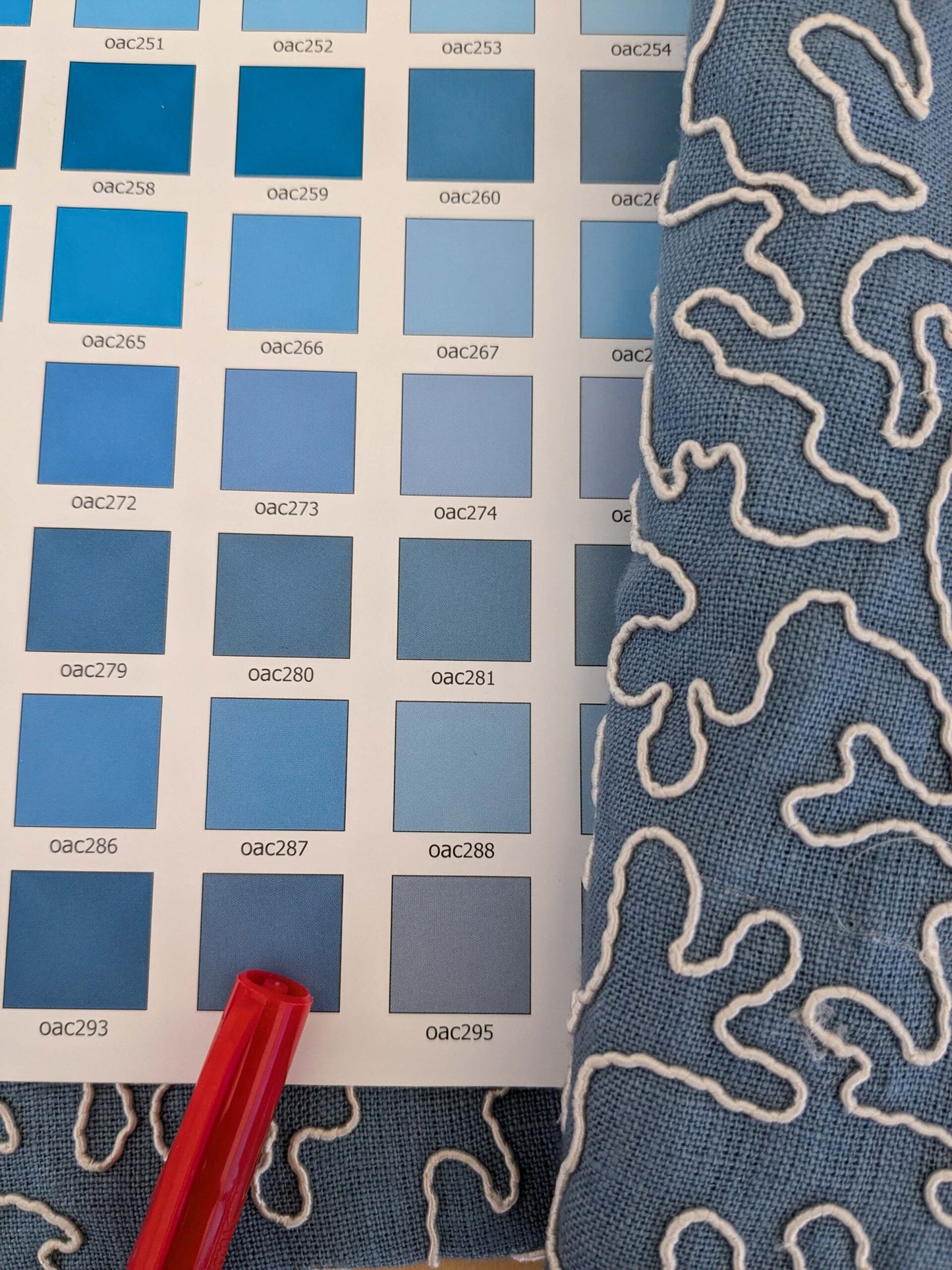 1.2y x 50"w Scalamandre Coraille Copenhagen Blue Embroidery Linen Abstract MSRP USD314/y  Piece B 27-Ev49