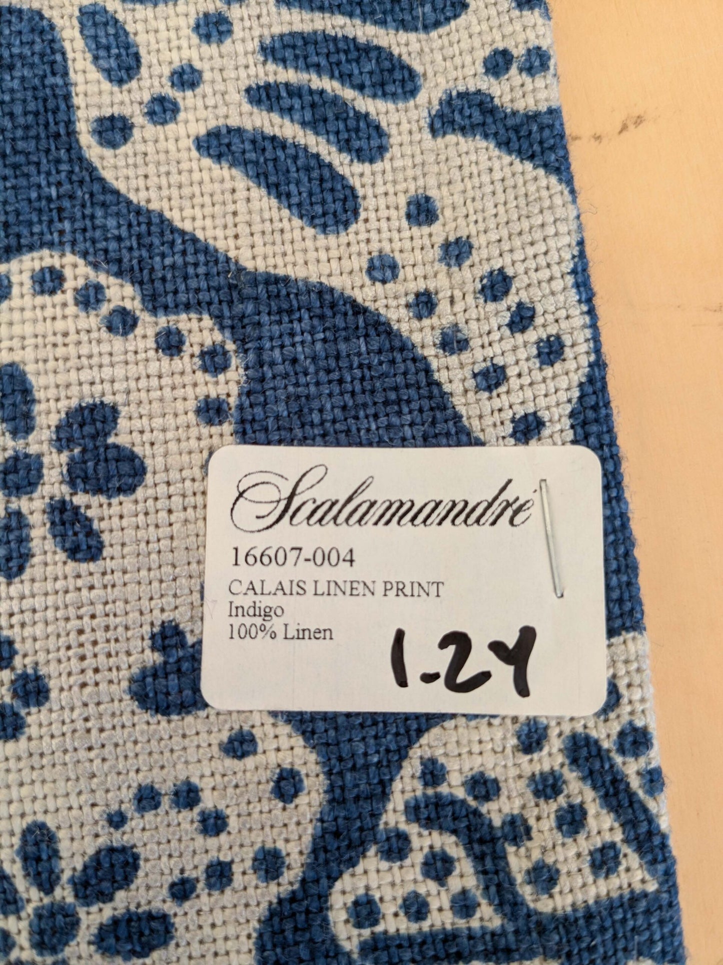 1.2y x 53"w Scalamandre Calais Linen Print Indigo Blue White Mediterrinan Pomegranite Block Print Heavy Linen MSRP USD300+/y 29-Ev49