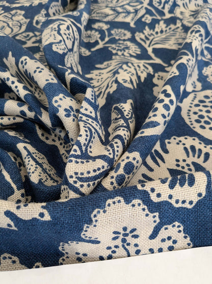 1.2y x 53"w Scalamandre Calais Linen Print Indigo Blue White Mediterrinan Pomegranite Block Print Heavy Linen MSRP USD300+/y 29-Ev49