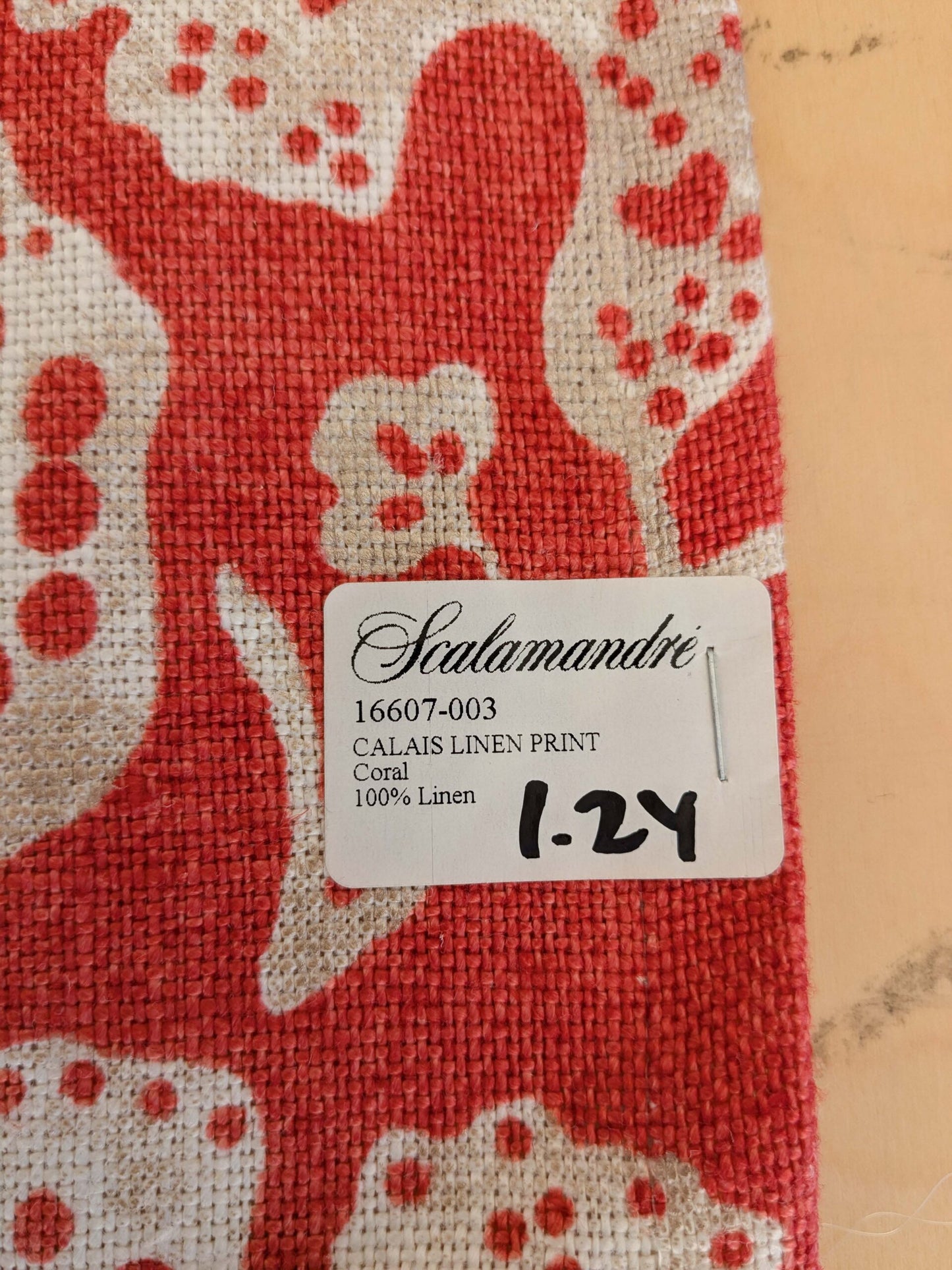 1.2y x 53"w Scalamandre Calais Linen Print in Coral Pink Red Mediterrinan Pomegranite Block Print Heavy Linen MSRP USD300+/y 30-Ev49