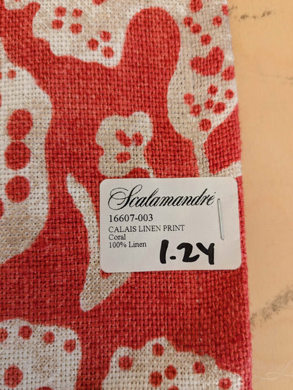 1.2y x 53"w Scalamandre Calais Linen Print in Coral Pink Red Mediterrinan Pomegranite Block Print Heavy Linen MSRP USD300+/y 30-Ev49