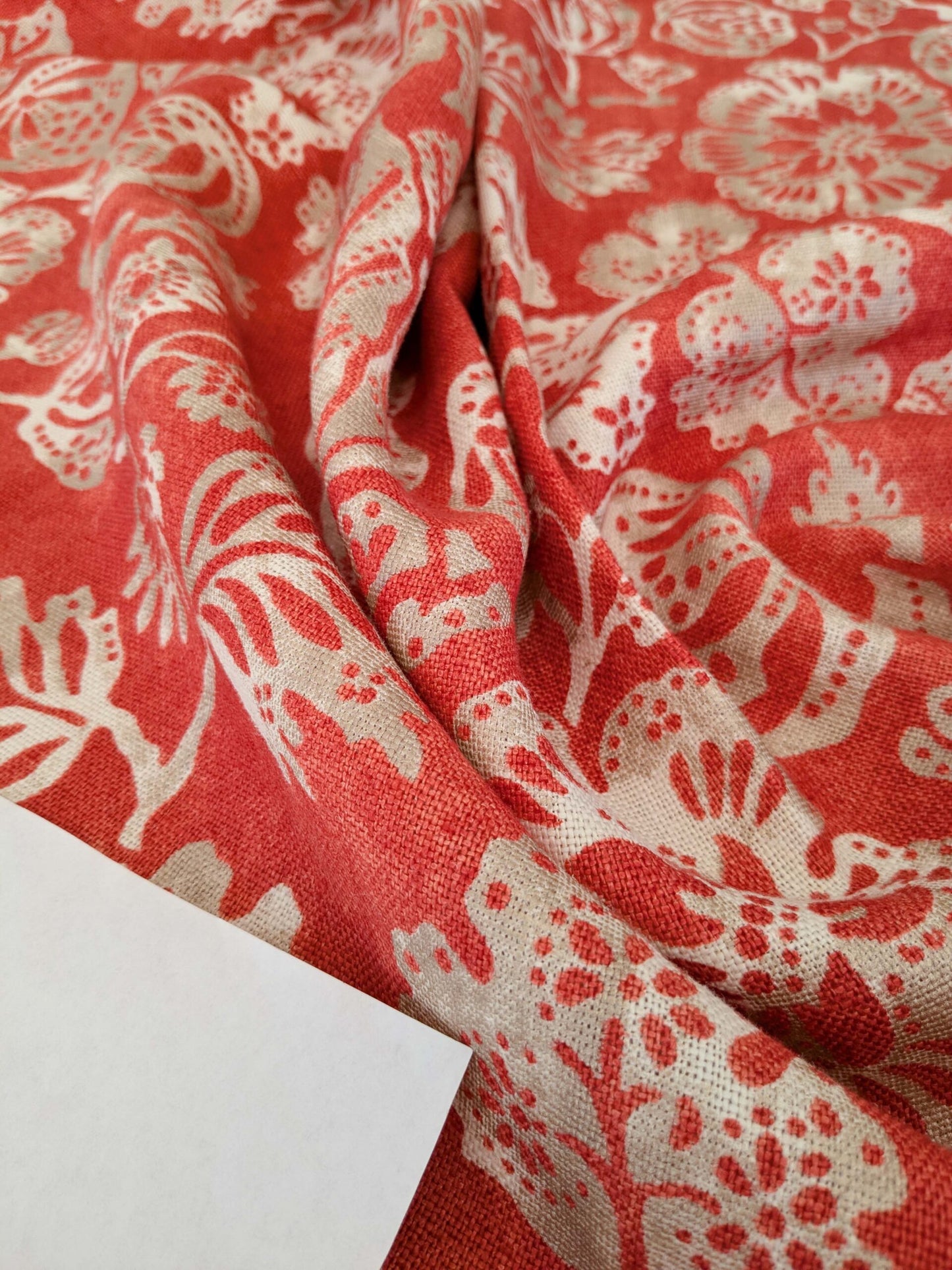 1.2y x 53"w Scalamandre Calais Linen Print in Coral Pink Red Mediterrinan Pomegranite Block Print Heavy Linen MSRP USD300+/y 30-Ev49