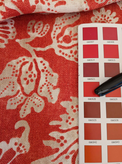 1.2y x 53"w Scalamandre Calais Linen Print in Coral Pink Red Mediterrinan Pomegranite Block Print Heavy Linen MSRP USD300+/y 30-Ev49