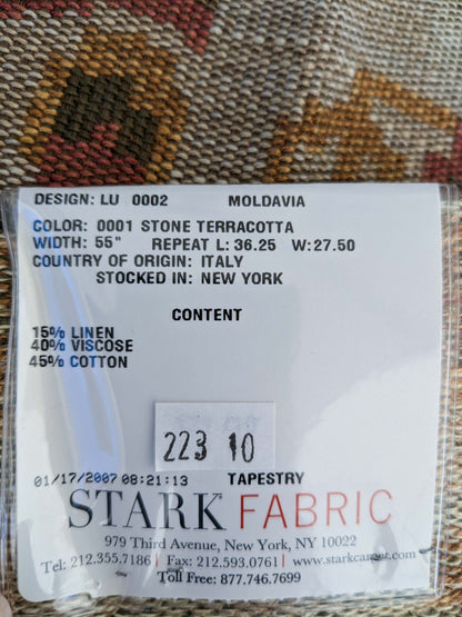 3 EV50 25" x 27" Scalamandre Moldavia Stone Terracotta Gray Red Green Linen Cotton Tapestry MSRP USD 684/yard