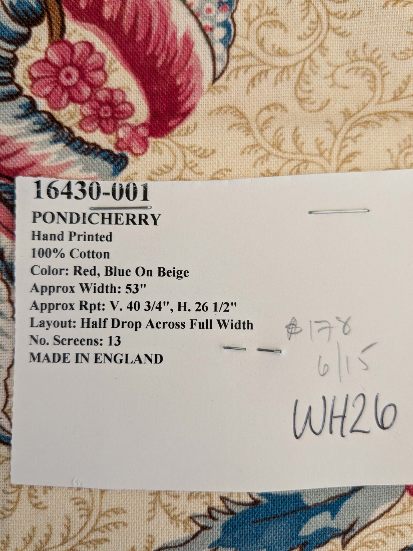 13 EV50 24" x 26" Scalamandre Square  Pondicherry Linen Print Raspberry Red Blue on Beige Bird Animal Jacobean Bird Animal MSRP USD 292/y