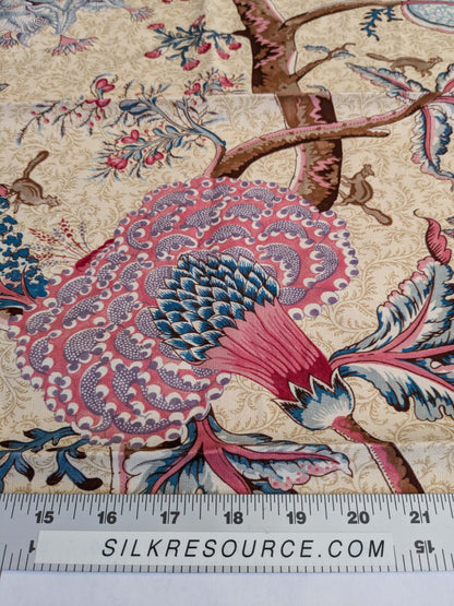 13 EV50 24" x 26" Scalamandre Square  Pondicherry Linen Print Raspberry Red Blue on Beige Bird Animal Jacobean Bird Animal MSRP USD 292/y