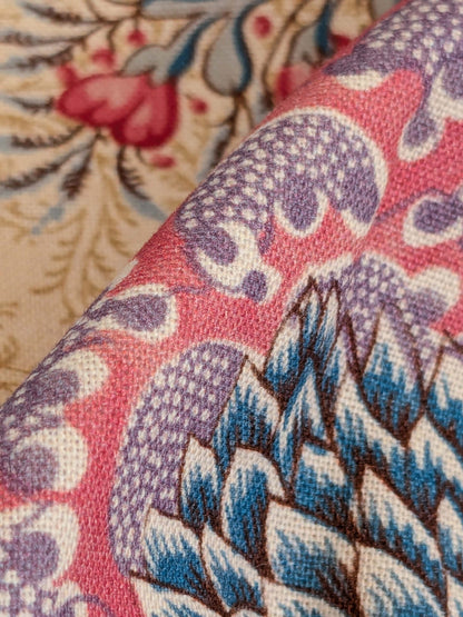 13 EV50 24" x 26" Scalamandre Square  Pondicherry Linen Print Raspberry Red Blue on Beige Bird Animal Jacobean Bird Animal MSRP USD 292/y