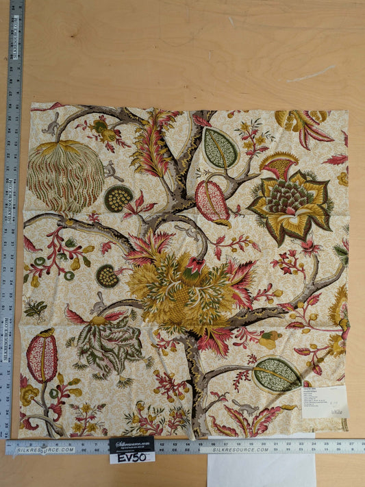 14 EV50 26" x 27" Scalamandre Square Pondicherry Cotton Print Raspberry Coral on Gold Bird Animal Jacobean Bird Animal MSRP USD 310/y