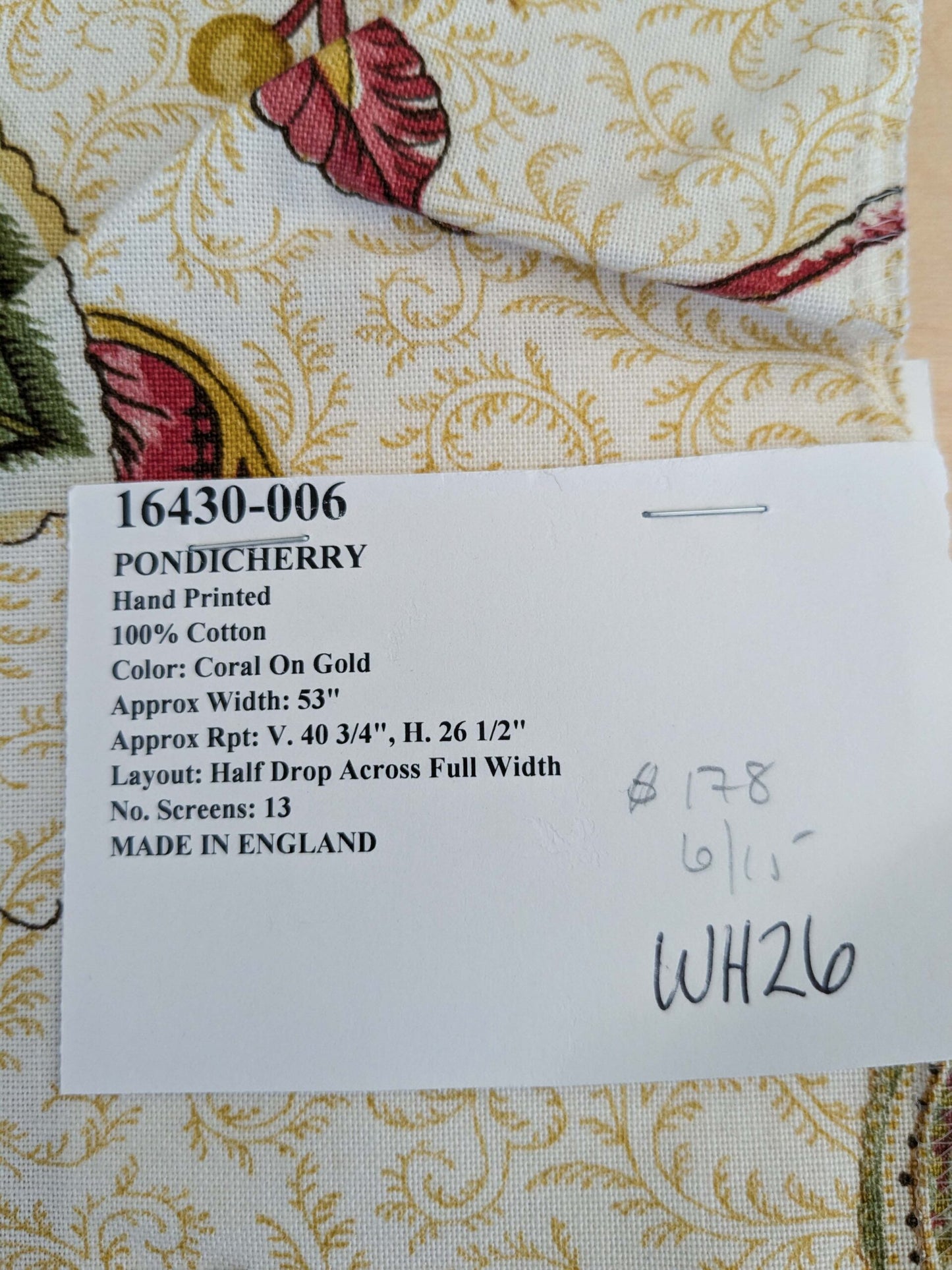 14 EV50 26" x 27" Scalamandre Square Pondicherry Cotton Print Raspberry Coral on Gold Bird Animal Jacobean Bird Animal MSRP USD 310/y