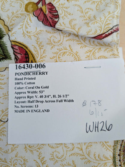 14 EV50 26" x 27" Scalamandre Square Pondicherry Cotton Print Raspberry Coral on Gold Bird Animal Jacobean Bird Animal MSRP USD 310/y