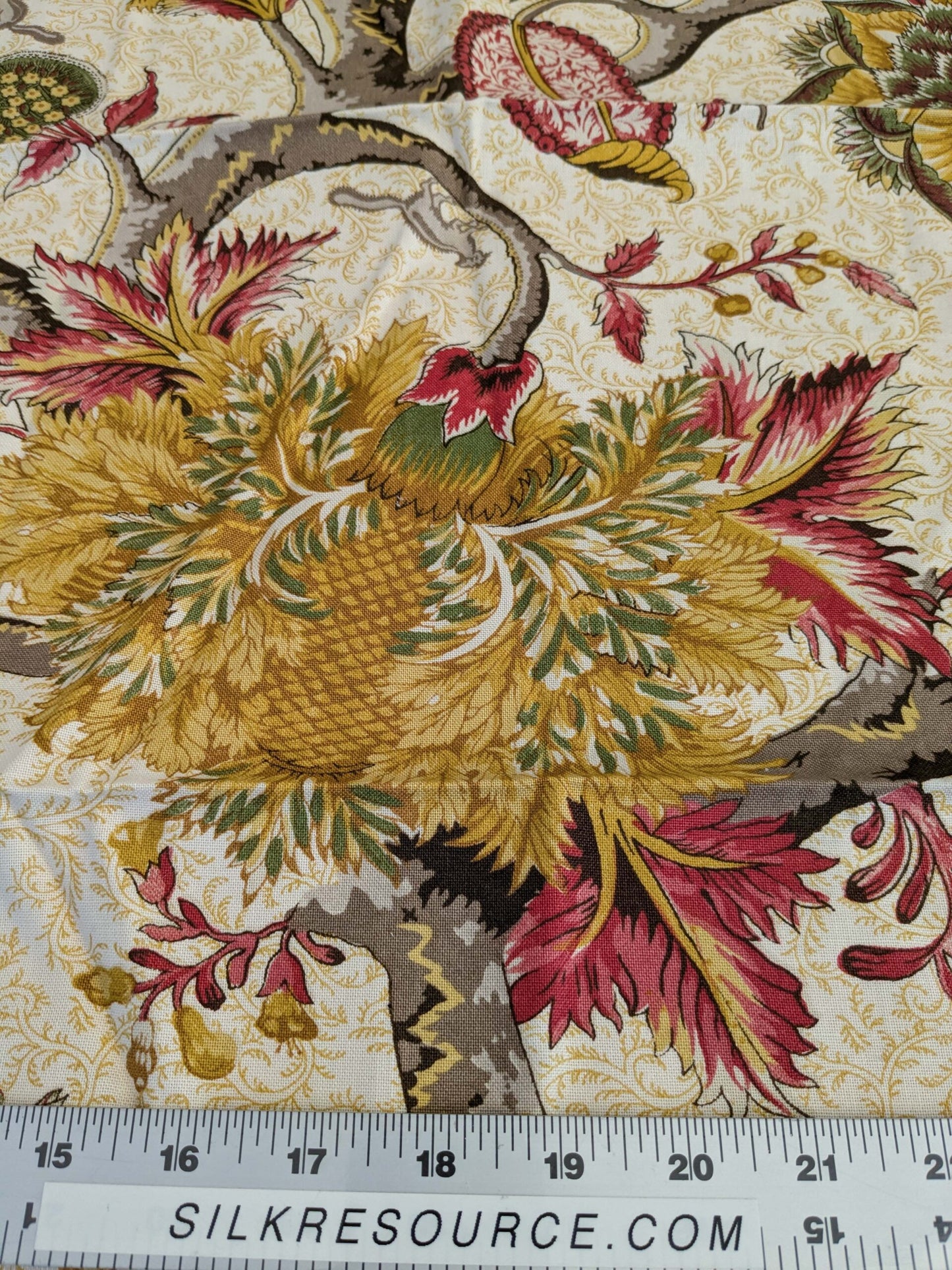 14 EV50 26" x 27" Scalamandre Square Pondicherry Cotton Print Raspberry Coral on Gold Bird Animal Jacobean Bird Animal MSRP USD 310/y