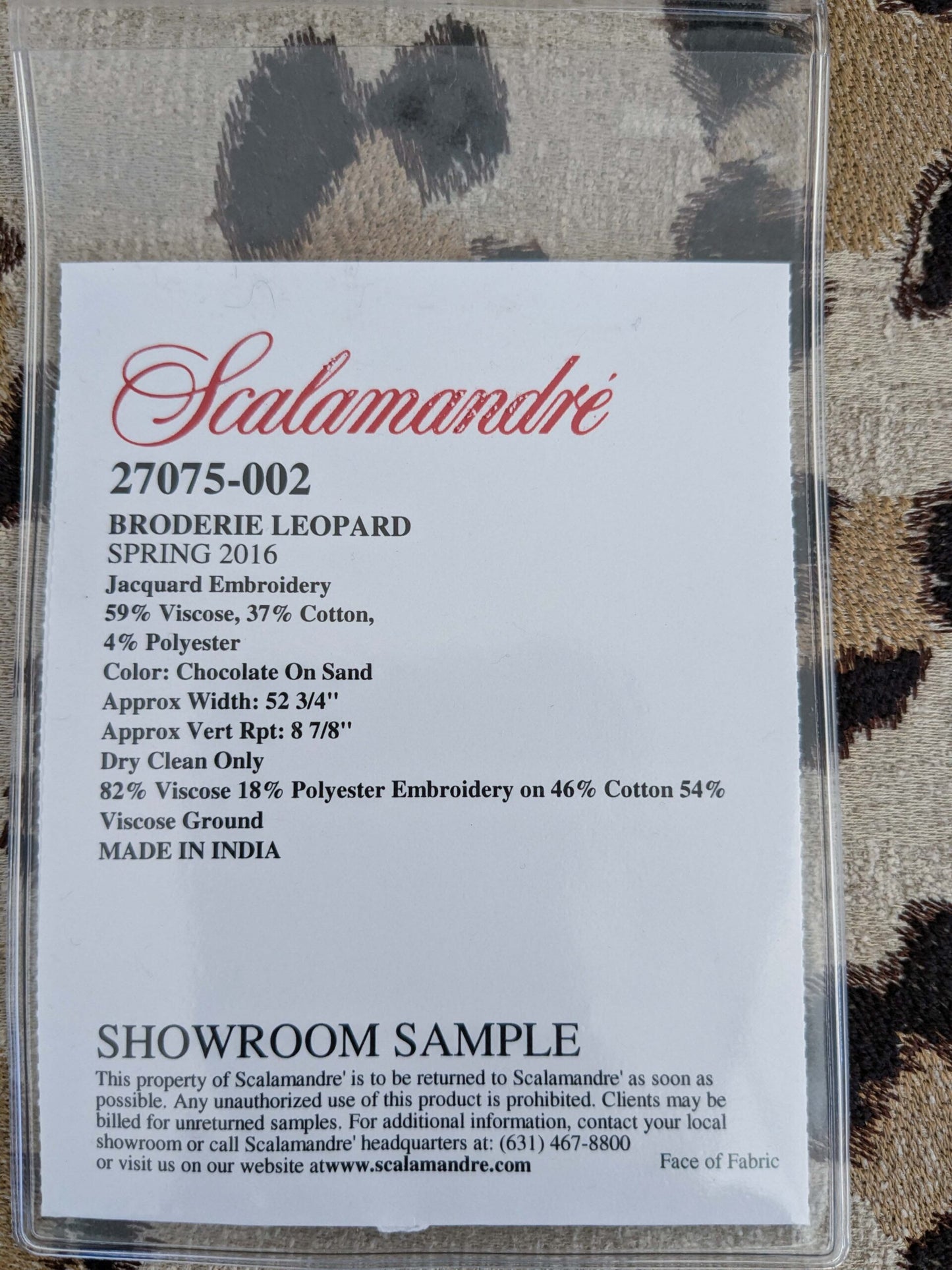 22 EV50 25" x 27" Scalamandre Broiderie Leopard Chocolate on Sand Jacquard Embroidery Brown Beige Animal Skin MSRP USD510/y