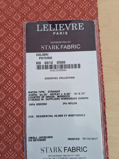 24 EV50 15" x 26" Scalamandre Lelievre Paris Colibre Poterie Red Small Jacquard Texture Viscose