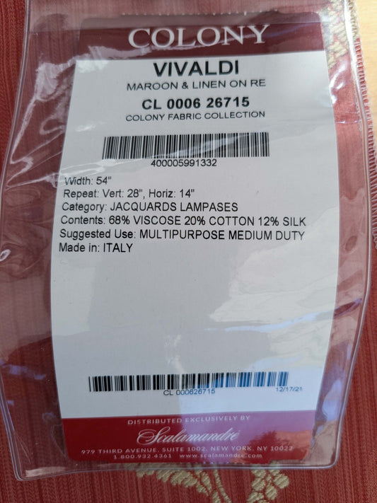 38 EV50 34" x 25" Scalamandre Vivaldi Maroon &amp; Linen On Red Lampas MSRP USD 640/y
