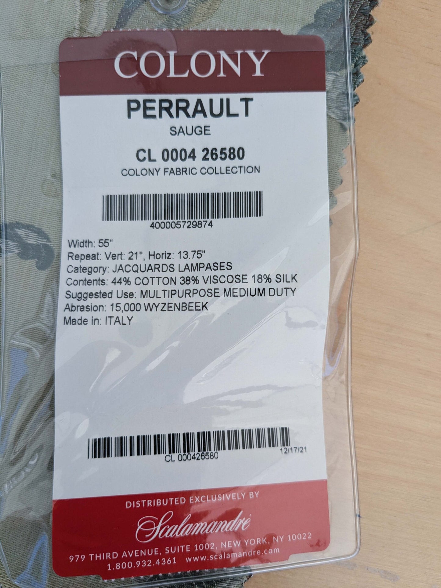 39 EV50 24" x 26" Scalamandre Perrault Sauge Silk lampas Green Fruits Foliage MSRP USD 690/y