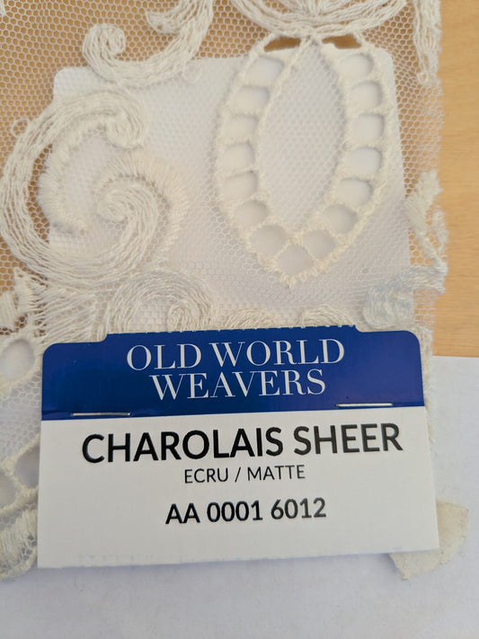 44 EV50 26" x 27" Scalamandre Old World Weavers Charolais Sheer Ecru Matte Embroidery Polyester White