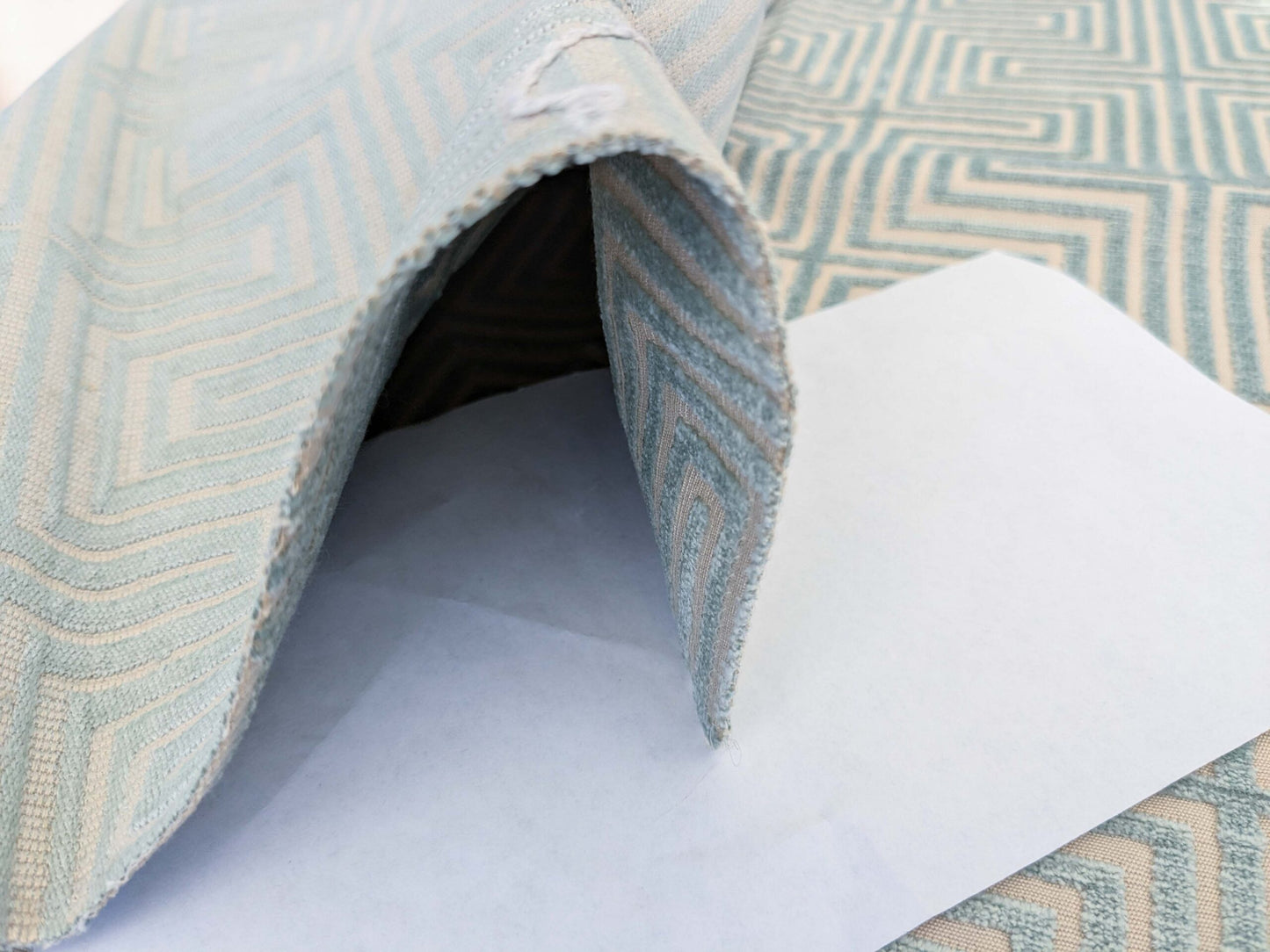 46 EV50 26" x 26" Scalamandre  Old World Weavers Nexus Aqua Cut Velvet Blue Beige Viscose Geometric