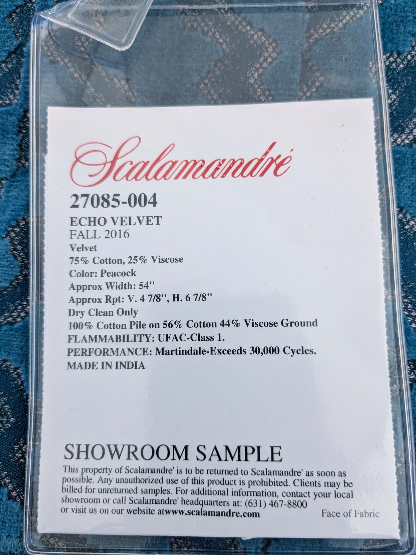 47 EV50 26" x 26" Scalamandre Echo Velvet Peacock Blue Geometric Cotton Viscose MSRP USD326/y