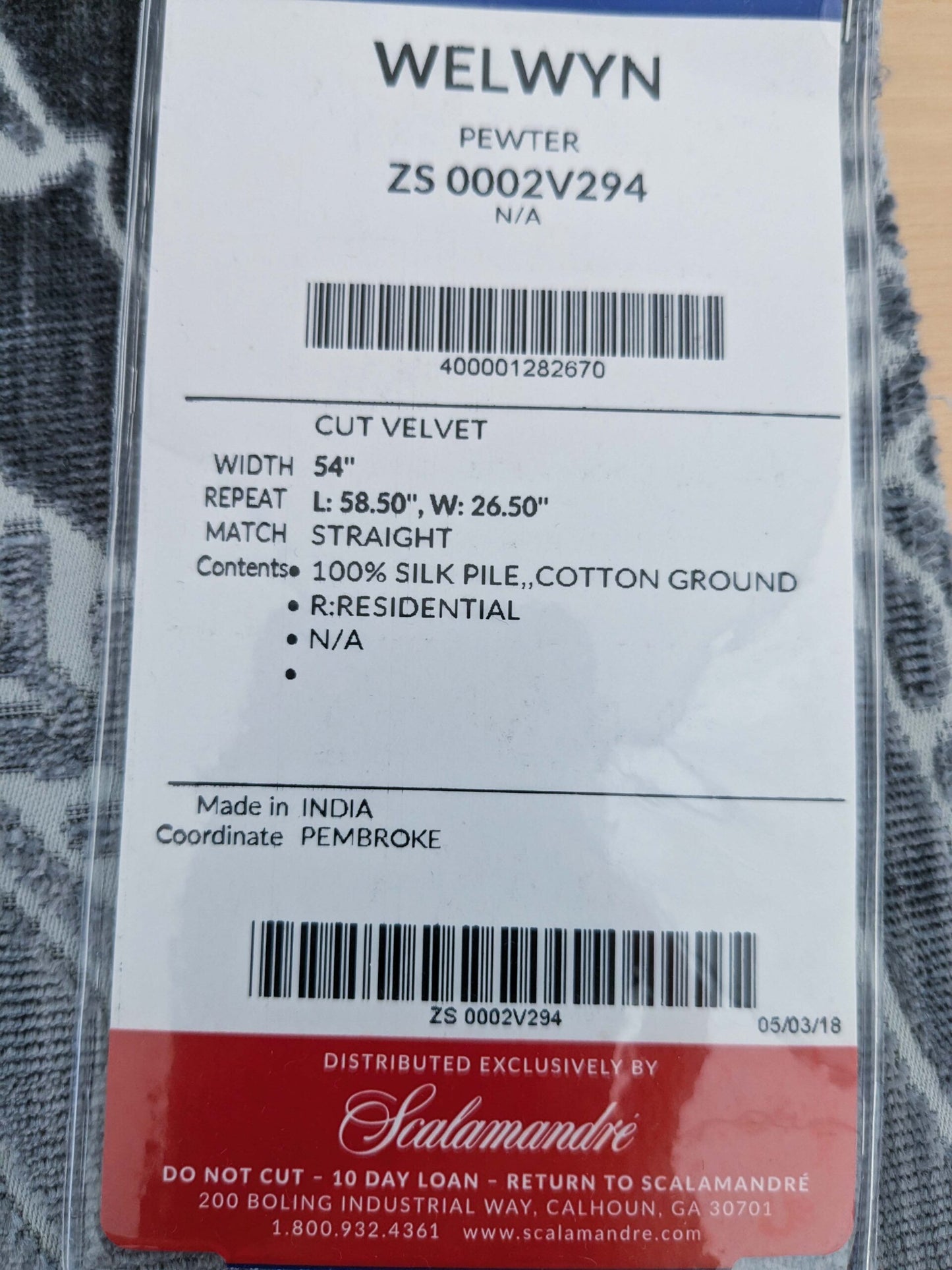 51 EV50 27" x 26" Scalamandre Square Old World Weavers Silk Welwyn Pewter Cut Velvet MSRP USD 2332/y