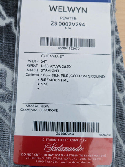51 EV50 27" x 26" Scalamandre Square Old World Weavers Silk Welwyn Pewter Cut Velvet MSRP USD 2332/y