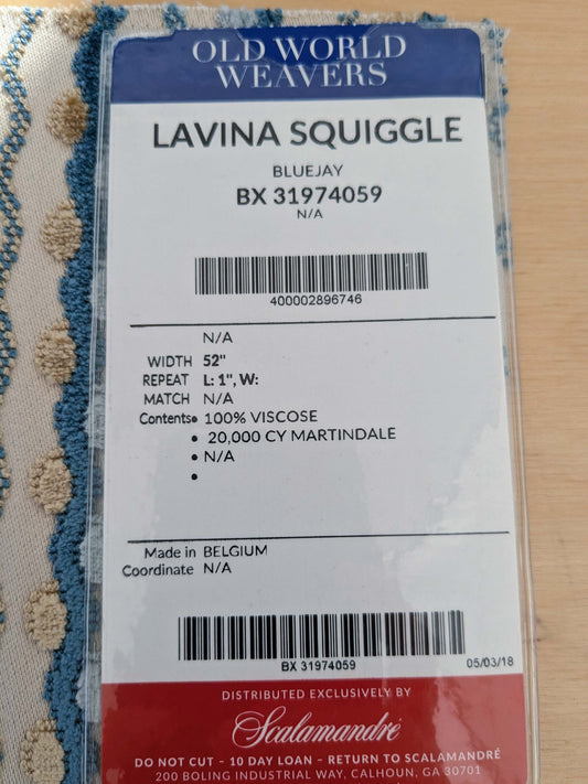 52 EV50 26" x 25" Scalamandre Old World Weavers Lavina Squiggle Bluejay Blue Beige Dot Circle Stripe Viscose MSRP USD 300/y