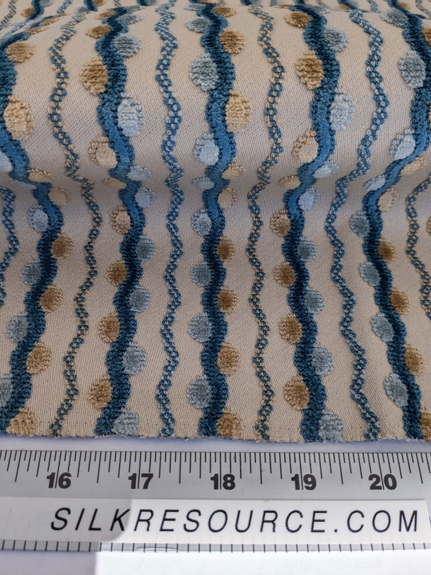 52 EV50 26" x 25" Scalamandre Old World Weavers Lavina Squiggle Bluejay Blue Beige Dot Circle Stripe Viscose MSRP USD 300/y