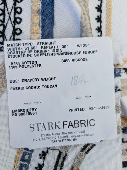 60 EV50 36" x 24" Scalamandre Lelievre Paris Kayapo Anthique Yellow Blue on Cream White Embroidery Geometric Graphic MSRP USD 826/y