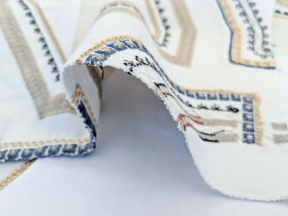 60 EV50 36" x 24" Scalamandre Lelievre Paris Kayapo Anthique Yellow Blue on Cream White Embroidery Geometric Graphic MSRP USD 826/y