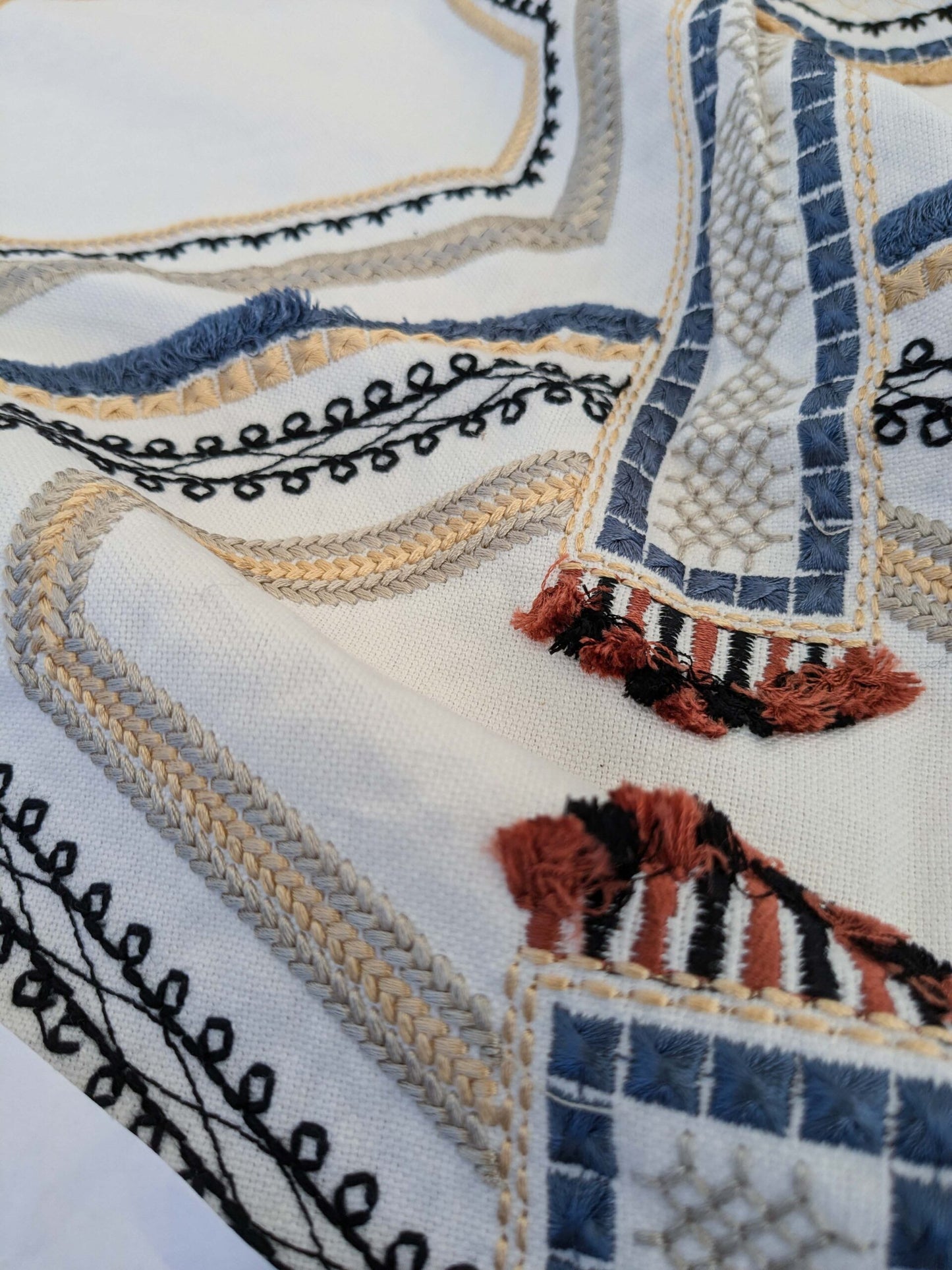 60 EV50 36" x 24" Scalamandre Lelievre Paris Kayapo Anthique Yellow Blue on Cream White Embroidery Geometric Graphic MSRP USD 826/y