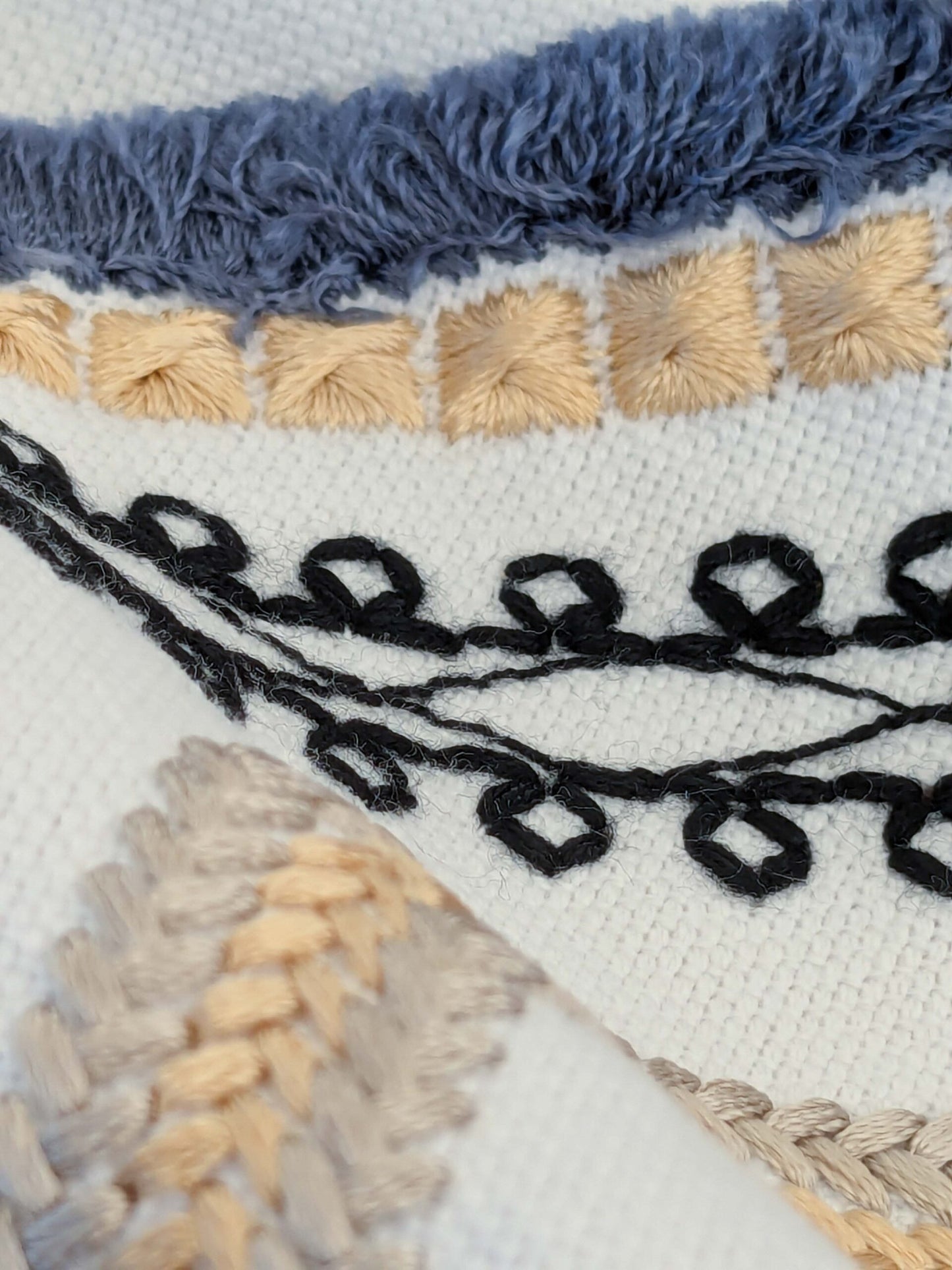 60 EV50 36" x 24" Scalamandre Lelievre Paris Kayapo Anthique Yellow Blue on Cream White Embroidery Geometric Graphic MSRP USD 826/y