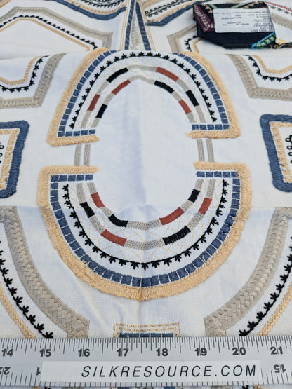 60 EV50 36" x 24" Scalamandre Lelievre Paris Kayapo Anthique Yellow Blue on Cream White Embroidery Geometric Graphic MSRP USD 826/y