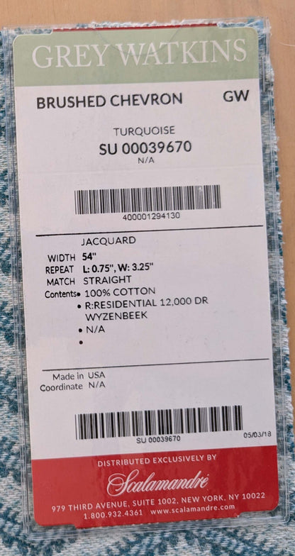 73 EV50 26" x 27"Scalamandre Grey Watkins Brushed Chevron Turquoise Blue Green Cotton Jacquard Herringbone Reversible MSRP USD 188/Y