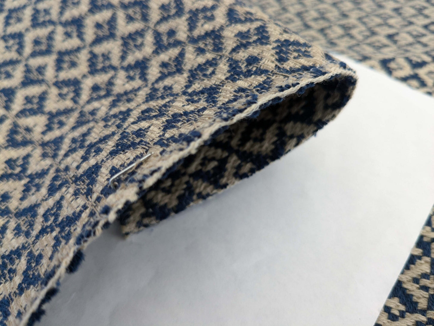 93 EV50 25" x 27" Square Scalamandre Khiva Weave Indigo Blue Beige Cotton Small Scale  White MSRP USD 180/y