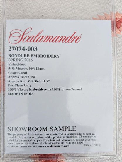 99 EV50 26" x 27" Square Scalamandre Rondure Embroidery Coral Orange White Diamond Ogee MSRP USD 492/y