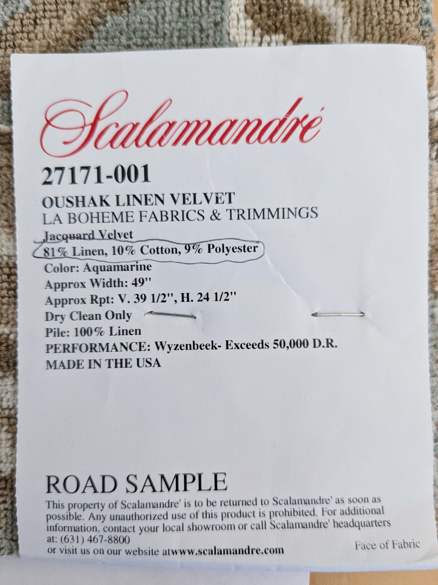 100 EV50 27" x 24" Square Scalamandre Oushak Linen Velvet Aquamarine Jacquard Blue Brown Linen MSRP USD638/y