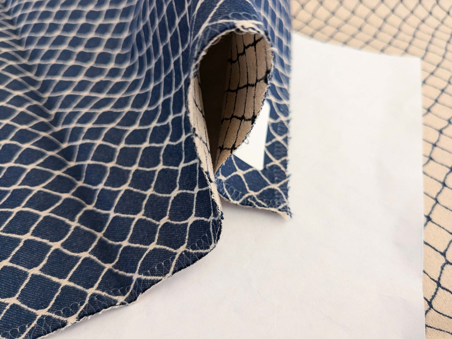 109 EV50 25" x 26" Square Jean Paul Gaultier Cabaret Chair Cream White Blue Reversible Small Jacquard Diamond Cotton MSRP USD300+/y