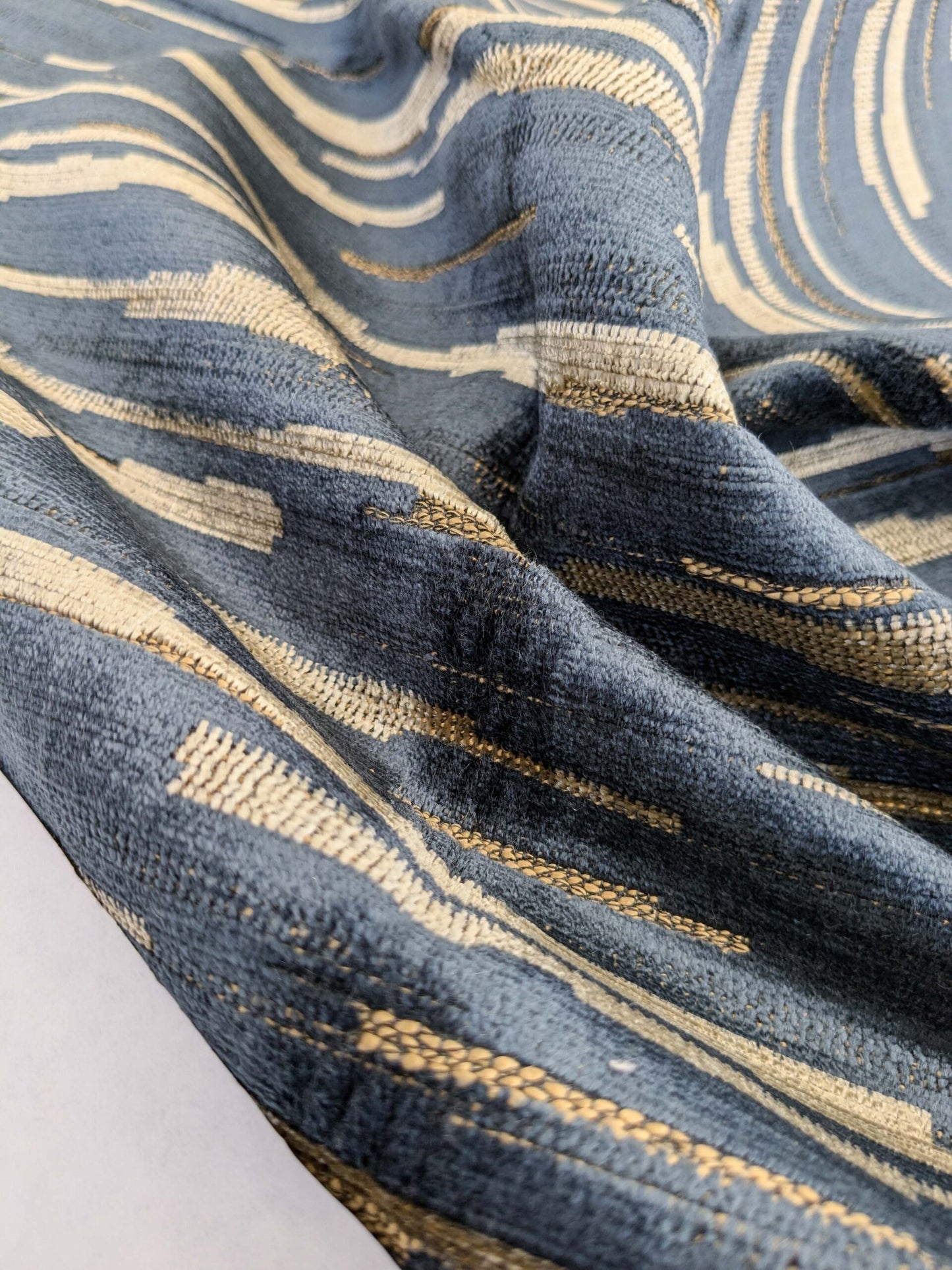 111 EV50 25" x 26" Square  Scalamandre Lelievre Merisier Fusain Blue Abstract Strie Cut Velvet Viscose Cotton
