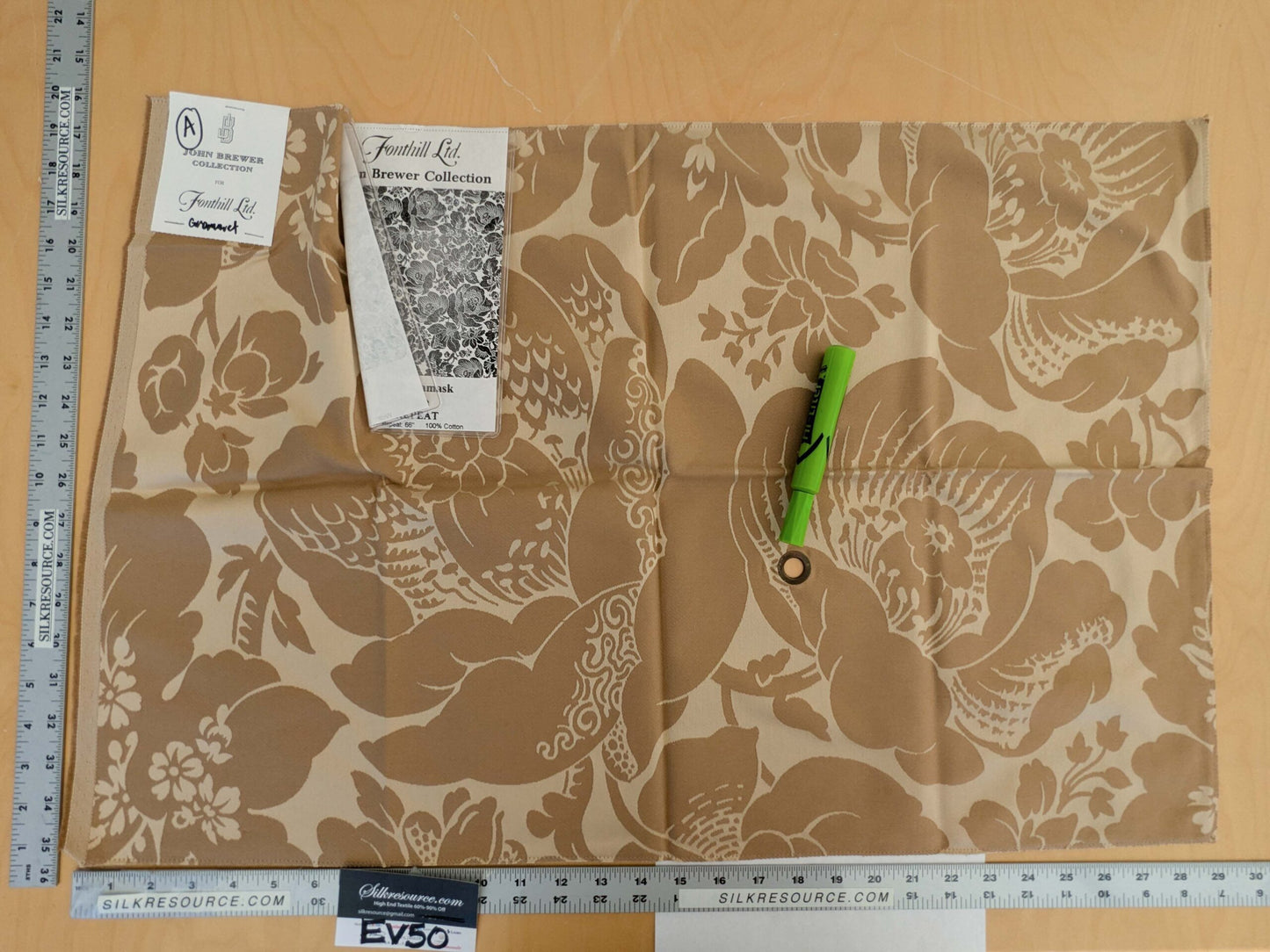 125 EV50 20" x 29" Square Scalamandre Kensington Damask Tobacco Cream Brown Floral Piece A