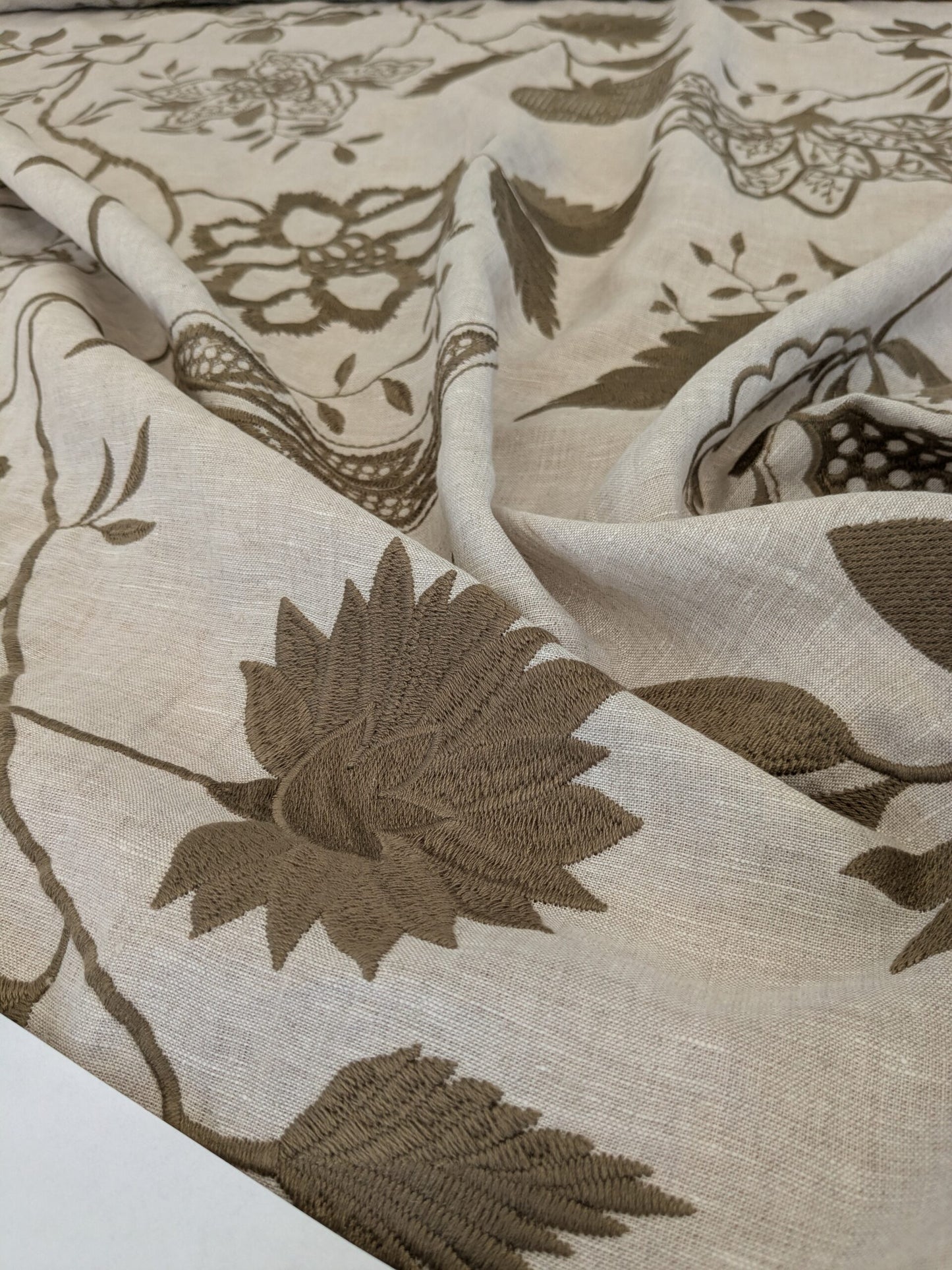 Scalamandre Patna Natural Beige Brown Embroidery Linen Tree of Life Floral Botanical Foliage MSRP USD 316/y