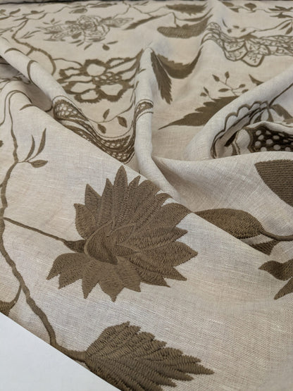 Scalamandre Patna Natural Beige Brown Embroidery Linen Tree of Life Floral Botanical Foliage MSRP USD 316/y